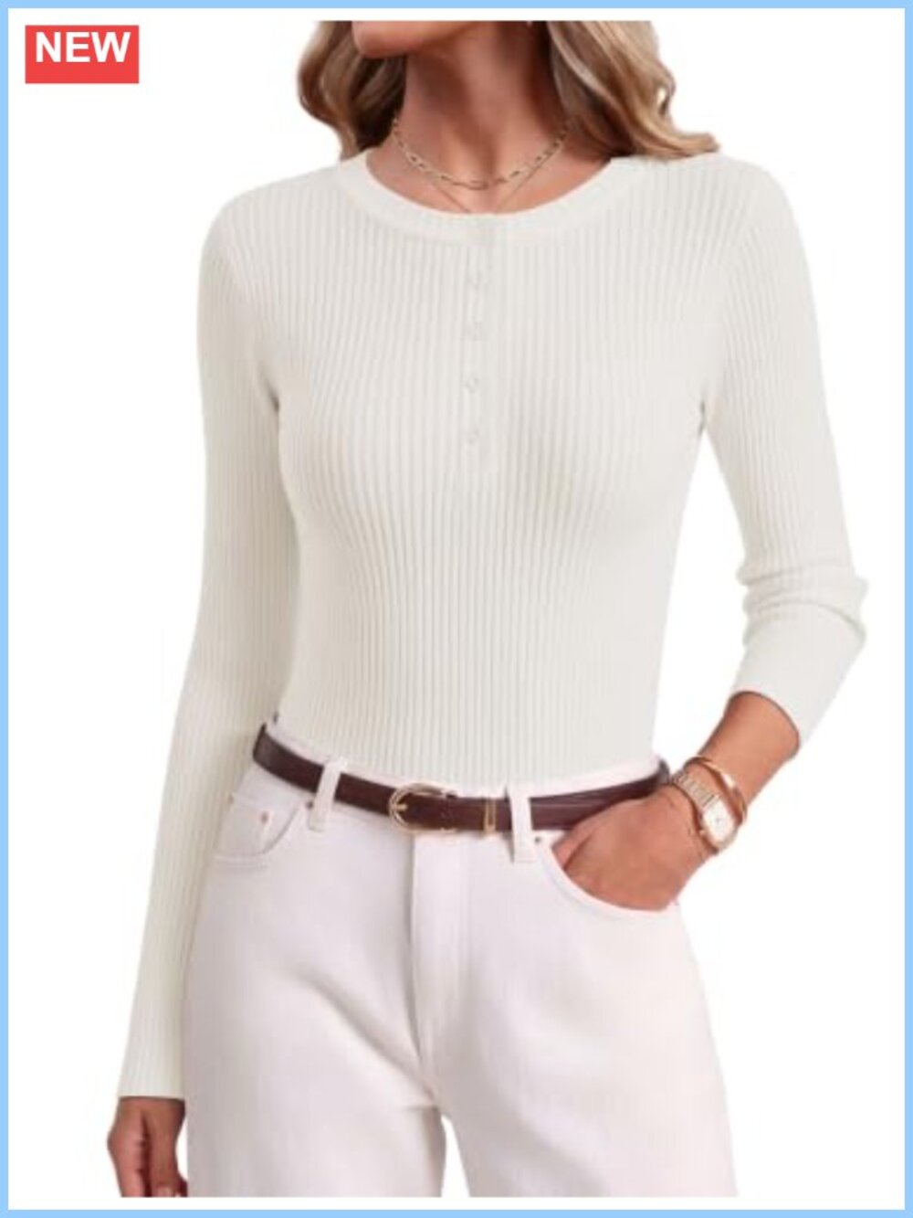 Ekouaer Rib Knit Henley Sweater Long Sleeve Lightweight Slim Fit Top